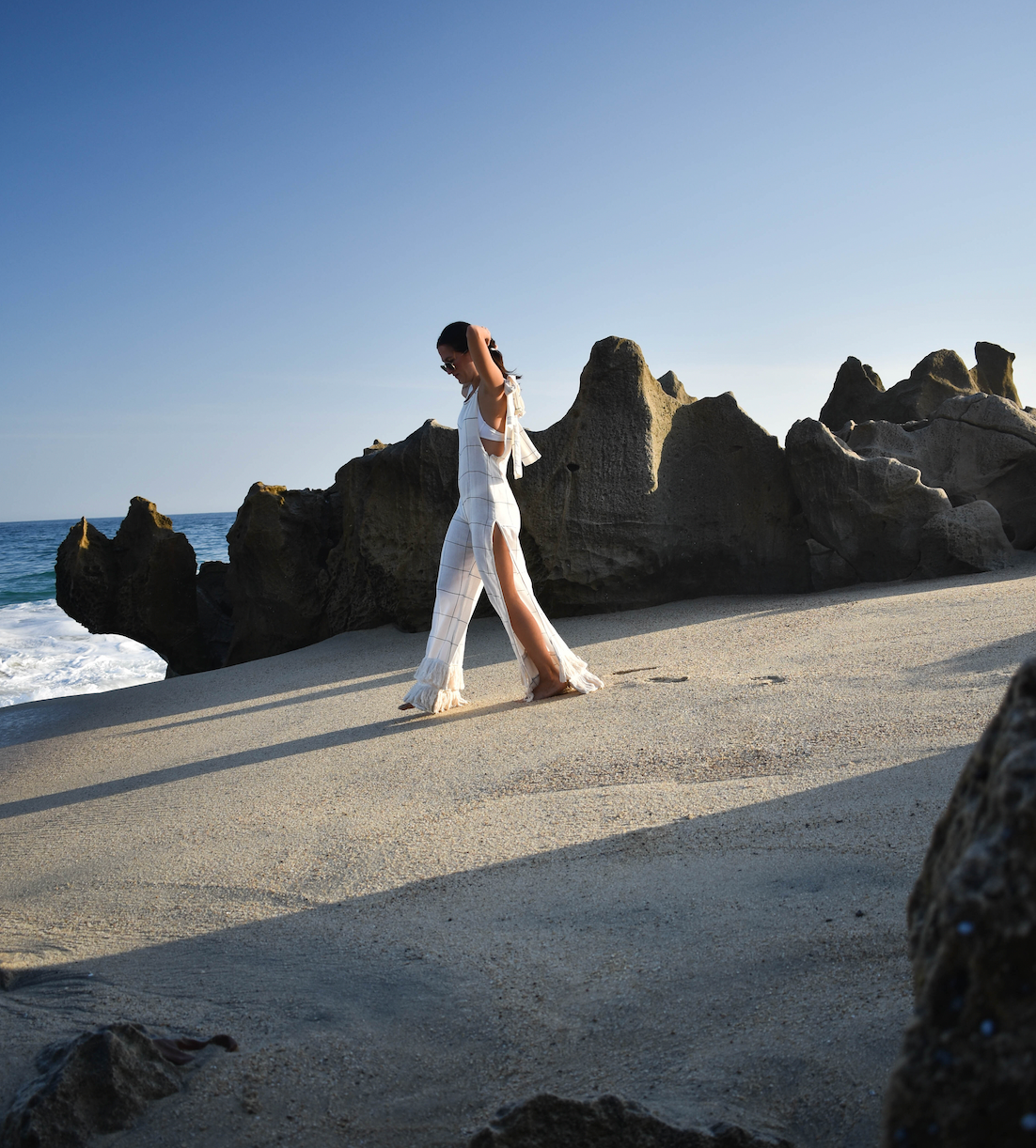 Cass Jumpsuit With Fringes White With Squares